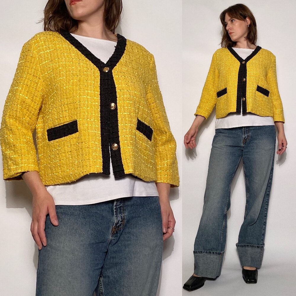NWT Cropped YELLOW & Black Classic Old Money Blazer with Gold Buttons -- L